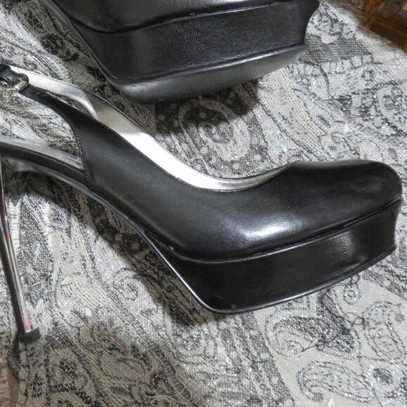 Guess black leather peep toe slingback platform heels w/ charm 7.5 silver heels - Picture 9 of 16